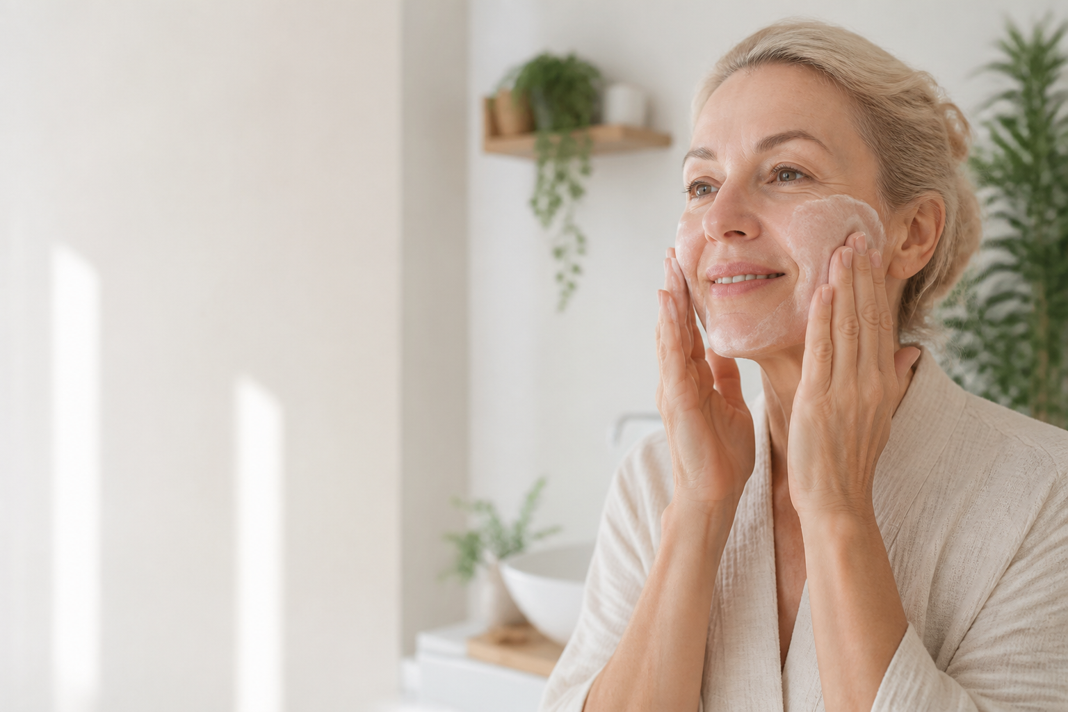 Kobieta 60+ w jasnej łazience stosuje emulsję oczyszczającą Velmoria