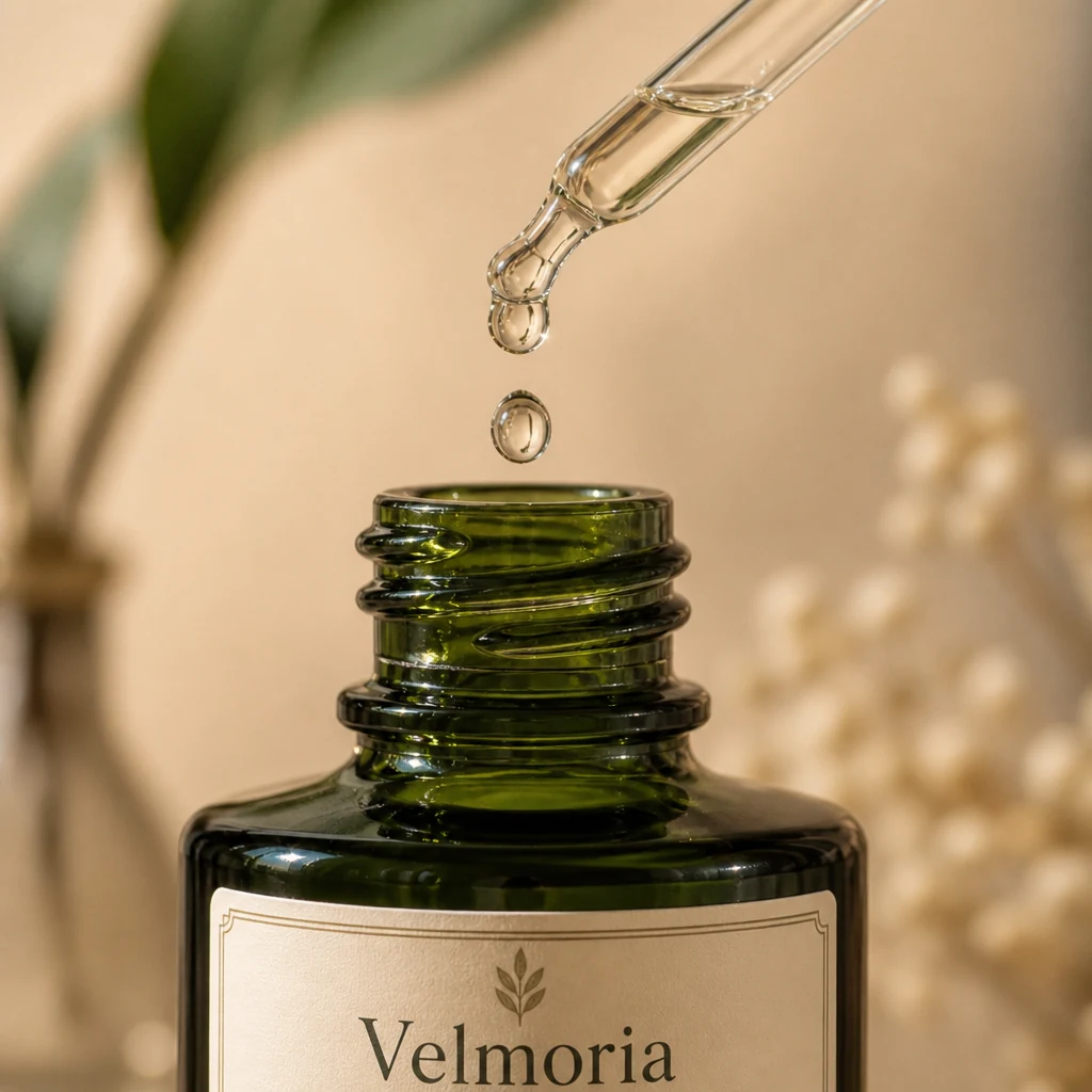 Pipeta z przezroczystą kroplą serum Velmoria
